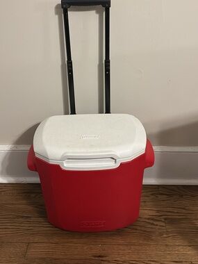 Coleman Red and White Rolling Cooler with Telescoping Handle and Wheels